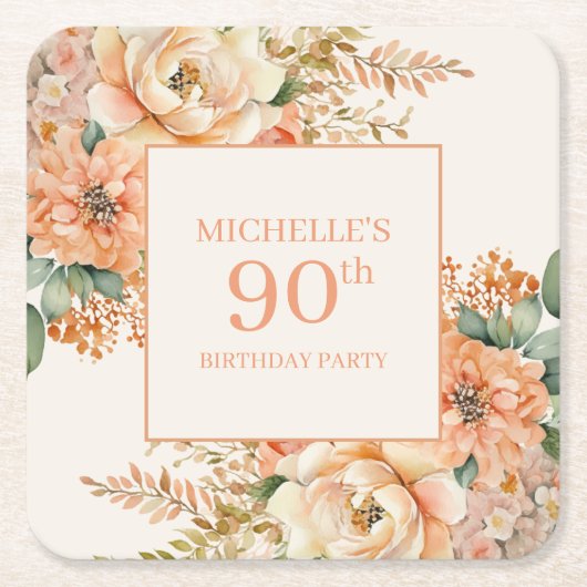 Elegante Perzik Crème Bloemen 90ste Verjaardag Kartonnen Onderzetters (Voorkant)