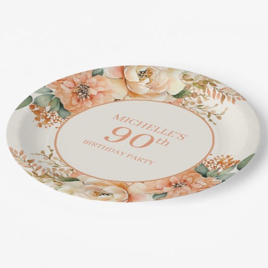 Elegante Perzik Crème Bloemen 90ste Verjaardag Papieren Bordje (Gekanteld)