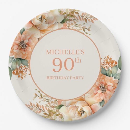 Elegante Perzik Crème Bloemen 90ste Verjaardag Papieren Bordje (Voorkant)