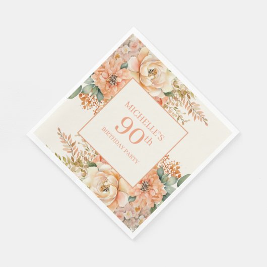 Elegante Perzik Crème Bloemen 90ste Verjaardag Servet (Hoek)