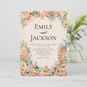 Elegante perzik crème bloemenbruiloft kaart (Staand voorkant)