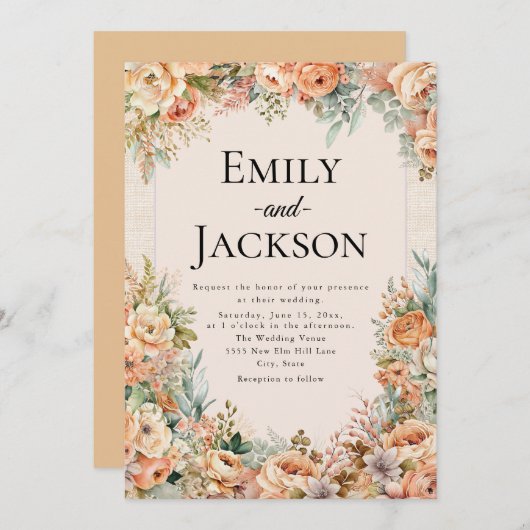 Elegante perzik crème bloemenbruiloft kaart (Voorkant / Achterkant)