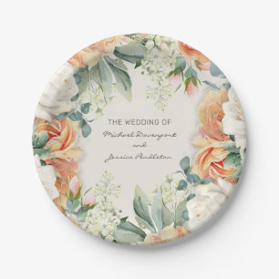 Elegante Perzik Crème Bloemige Eucalyptus Bruiloft Papieren Bordje