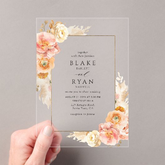 Elegante perzik, crème en gele bloemen bruiloft acryl uitnodigingen (Insitu (Draagbaar))