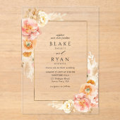 Elegante perzik, crème en gele bloemen bruiloft acryl uitnodigingen (Voorkant)