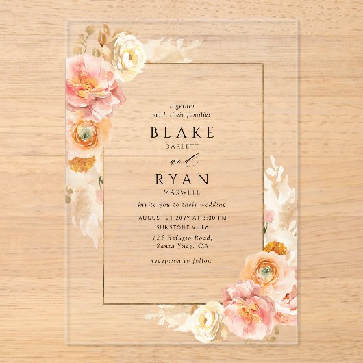 Elegante perzik, crème en gele bloemen bruiloft acryl uitnodigingen (Voorkant)