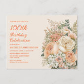Elegante Perzik Crème Gekleurde Bloemen 100e Verja Uitnodiging Briefkaart (Voorkant)