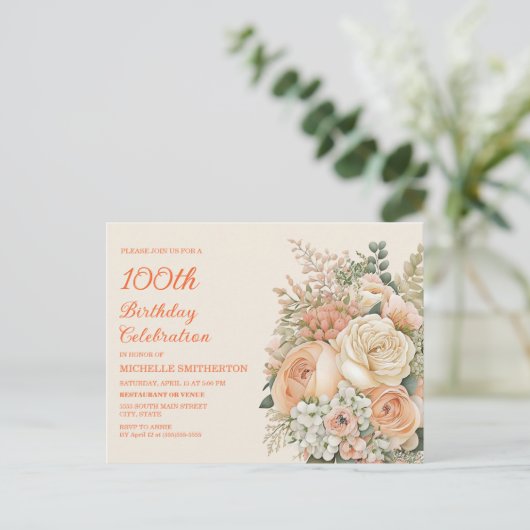 Elegante Perzik Crème Gekleurde Bloemen 100e Verja Uitnodiging Briefkaart (Staand voorkant)