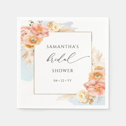 Elegante perzik- en blauwe bloemachtige bruidsdouc servet (Voorkant)