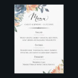 Elegante Perzik en Blauwe Botanische Bruiloft Menu<br><div class="desc">Elegante waterverf perzik en leisblauwe botanische bloemen,  bruiloft menukaart. Kaart heeft handgetekend script en  decoratieve accenten. Achterkant kaart heeft effen stoffige blauwe kleur.</div>