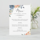Elegante Perzik en Blauwe Botanische Bruiloft Menu (Staand voorkant)