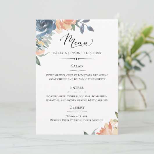 Elegante Perzik en Blauwe Botanische Bruiloft Menu (Staand voorkant)
