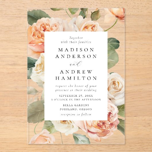 Elegante Perzik en Cream Roos Bruiloft Acryl Uitnodigingen (Voorkant)