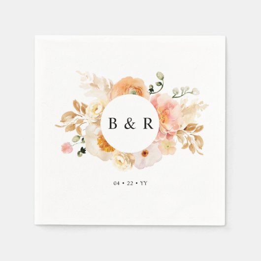 Elegante Perzik en Crème Bloemen Monogram Bruiloft Servet (Voorkant)
