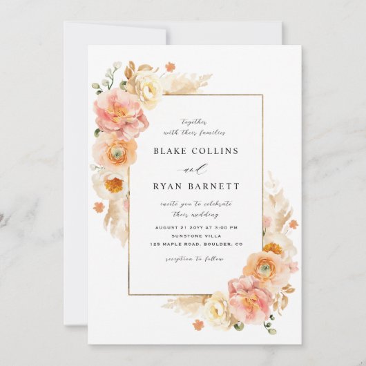 Elegante perzik en crème delicate bloemenbruiloft kaart (Voorkant)