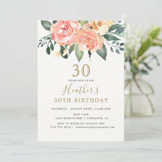 Elegante perzik en gouden bloem 30e verjaardag kaart (Staand voorkant)