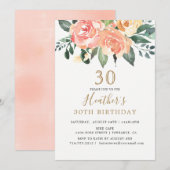 Elegante perzik en gouden bloem 30e verjaardag kaart (Voorkant / Achterkant)