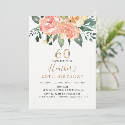 Elegante perzik en gouden bloem 60ste verjaardag kaart (Staand voorkant)