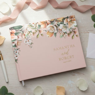 Elegante Perzik en Gouden Bloemen Bruiloft Gastenboek