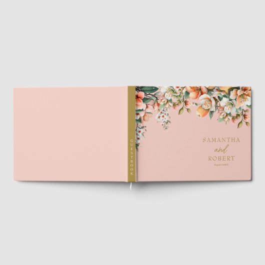 Elegante Perzik en Gouden Bloemen Bruiloft Gastenboek (Volledig)