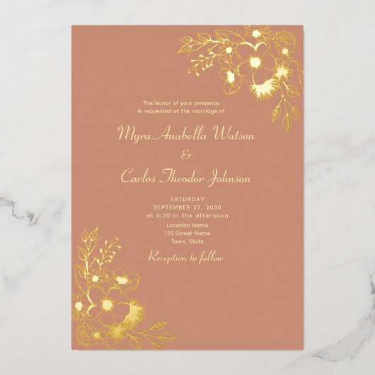 Elegante perzik en gouden bruiloft folie uitnodiging (Voorkant)