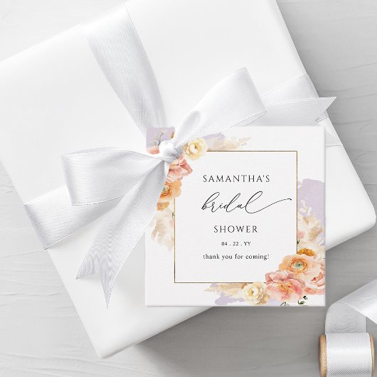 Elegante perzik- en paarse bloemige bruidsdouche bedankjes labels
