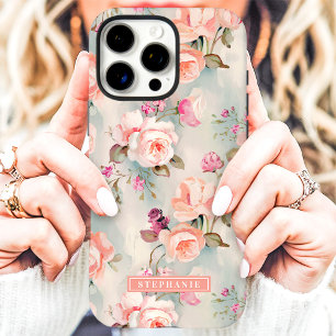 Elegante Perzik en Roze Bloem Naam iPhone 16 Pro Max Hoesje