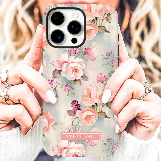 Elegante Perzik en Roze Bloem Naam Case-Mate iPhone Case