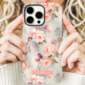 Elegante Perzik en Roze Bloem Naam Case-Mate iPhone Case