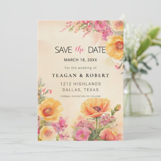 Elegante perzik en roze Waterverf Save The Date (Staand voorkant)