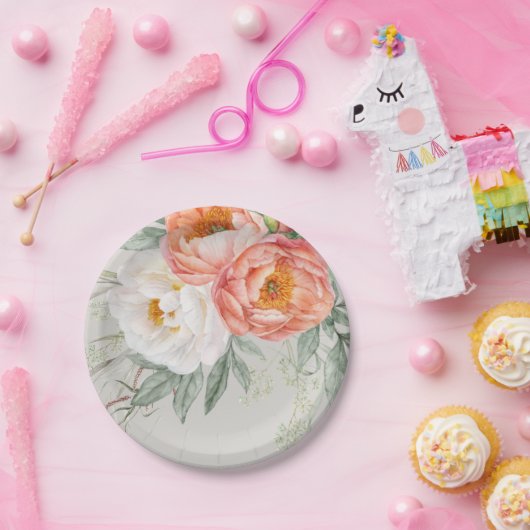 Elegante perzik en witte bloem vrouwelijk papieren bordje (Feest)