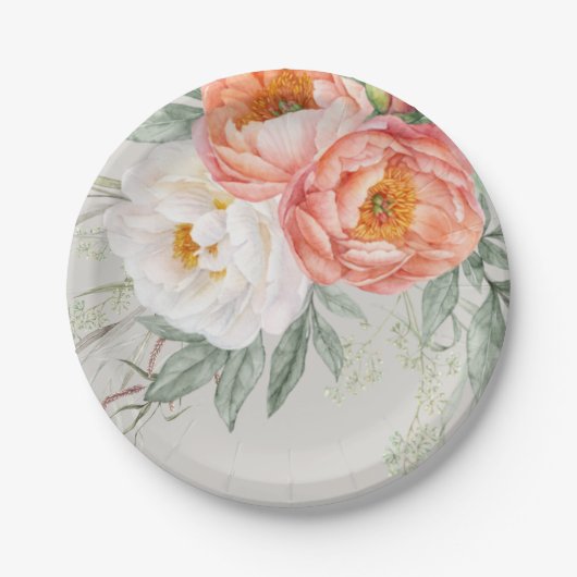 Elegante perzik en witte bloem vrouwelijk papieren bordje (Voorkant)