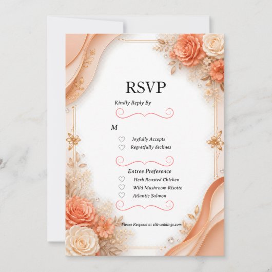 Elegante perzik- en witte bloemenbruiloft RSVP kaa (Voorkant)