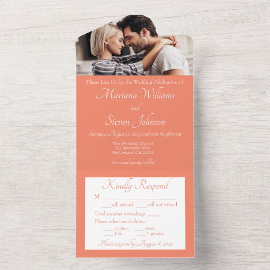 Elegante Perzik foto bruiloft uitnodiging (Binnen)