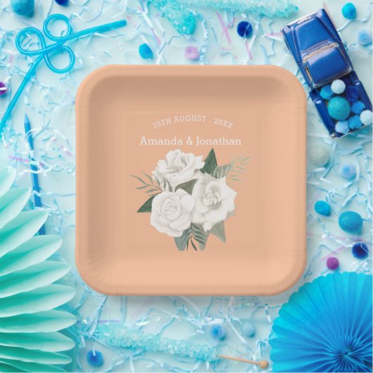 Elegante Perzik Fuzz en Witte Rozen Bruiloft Papieren Bordje (Feest)