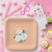 Elegante Perzik Fuzz en Witte Rozen Bruiloft Papieren Bordje (Feest)
