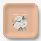 Elegante Perzik Fuzz en Witte Rozen Bruiloft Papieren Bordje (Voorkant)