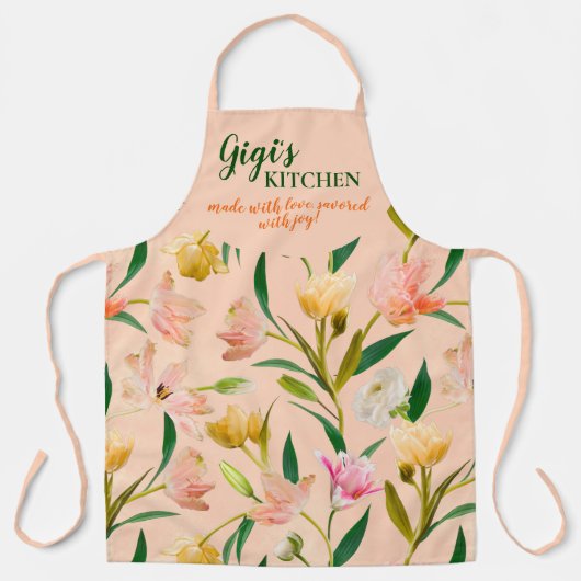 Elegante Perzik Gigis Keuken Lente Bloemen Patroon Schort (Voorkant)