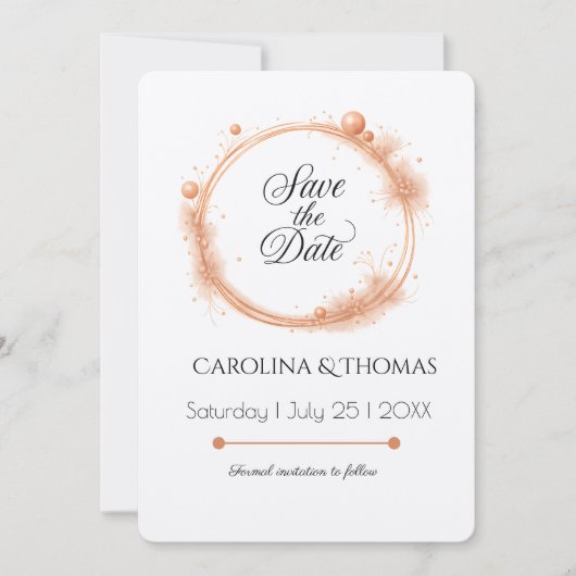 Elegante Perzik Glans Bruiloft Script Calligrafie Save The Date (Voorkant)