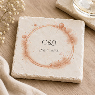 Elegante Perzik Glans Bruiloft Script Calligrafie Stenen Onderzetter