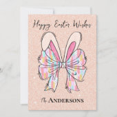 Elegante perzik glitter paashaas oren en boog feestdagenkaart (Voorkant)