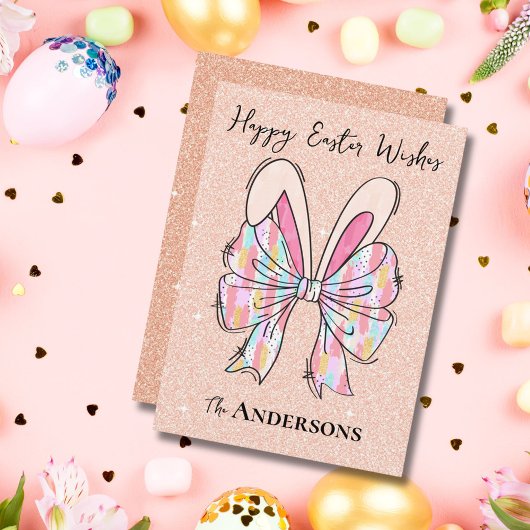 Elegante perzik glitter paashaas oren en boog feestdagenkaart