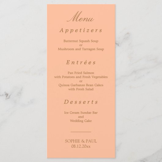 Elegante Perzik Gouden Beige Bruiloft Menu (Voorkant)