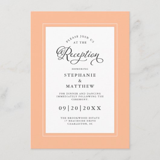 Elegante perzik grens bruiloft receptie kalligrafi informatiekaartje (Voorkant)