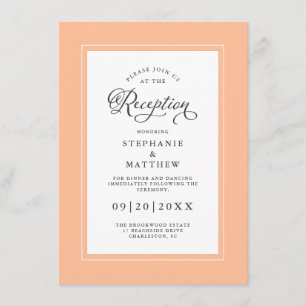 Elegante perzik grens bruiloft receptie kalligrafi informatiekaartje
