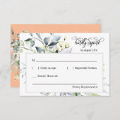 Elegante perzik groen bladeren QR Code Response Ka RSVP Kaartje (Voorkant / Achterkant)