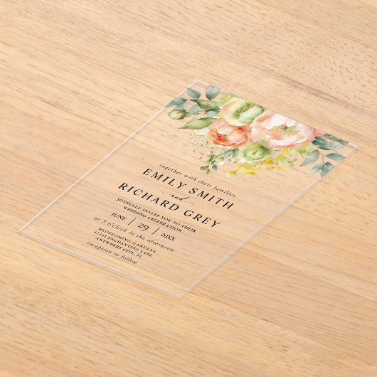 Elegante perzik & groen Bloemen Foliage bruiloft Acryl Uitnodigingen (Laagn)
