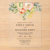 Elegante perzik & groen Bloemen Foliage bruiloft Acryl Uitnodigingen (Voorkant)