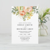 Elegante perzik & groen Bloemen Foliage bruiloft Kaart (Staand voorkant)