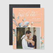 Elegante perzik groene bladeren Save the Date magn (Voorkant / Achterkant)